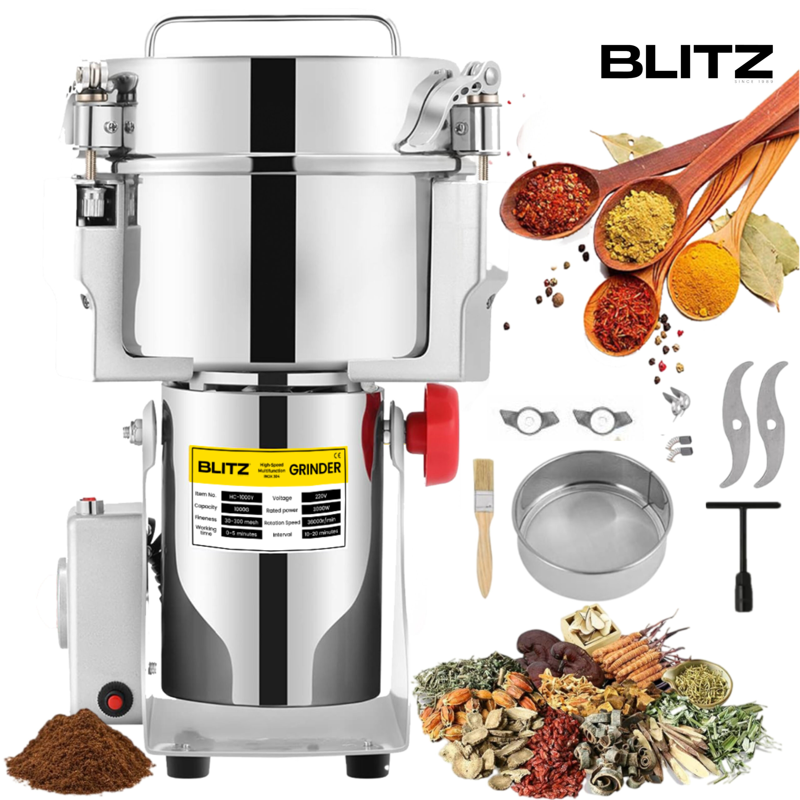 Electric Grain Grinder Mill 1kg 3000W Spice Herb Mill Upgraded Open-cover-stop Safty High-Speed Stainless Steel - Tunisie