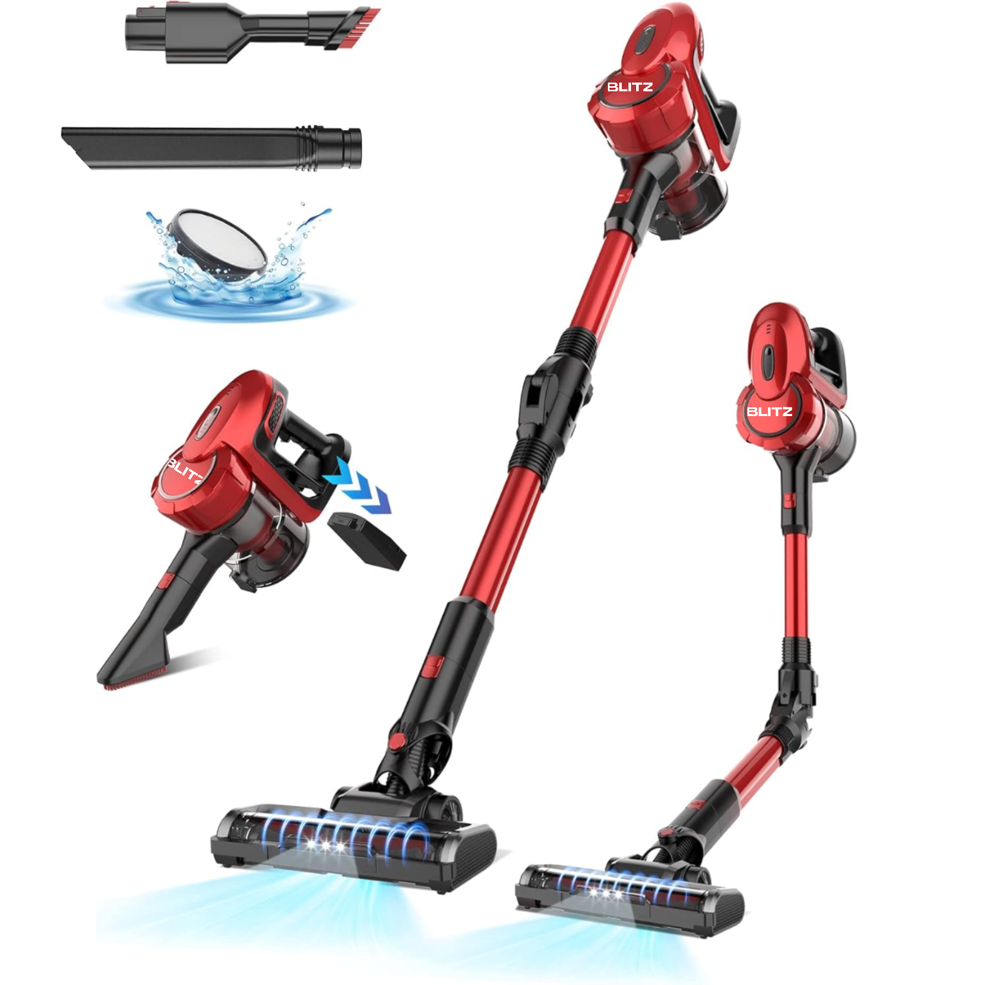 6in1Cordless Vacuum Cleaner Rechargeable Lightweight Stick Vacuum, Detachable Battery, 6 in 1 Powerful Handheld Vacuum with Foldable Tube for Hardwood Floor Carpet Pet Hair, Red - Tunisie