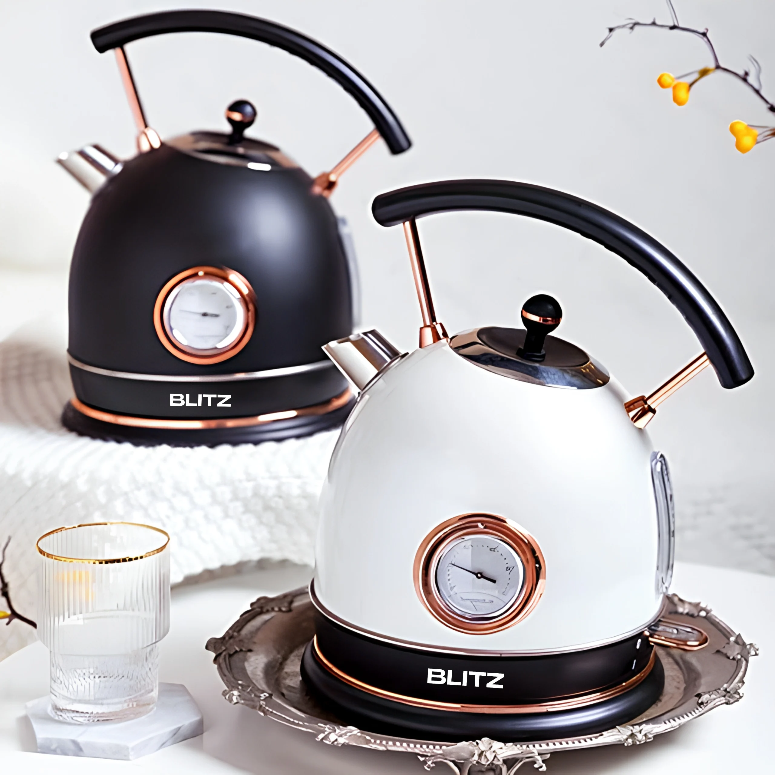 Blitz - Retro Electric Kettle Stainless Steel 1.8L Tea Kettle, Hot Water Boiler with Temperature Gauge, Led Light, Fast Boiling, Auto Shut-Off&Boil-Dry Protection - Tunisie