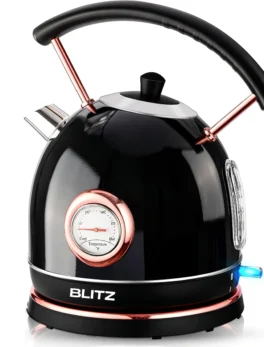 Blitz - Retro Electric Kettle Stainless Steel 1.8L Tea Kettle, Hot Water Boiler with Temperature Gauge, Led Light, Fast Boiling, Auto Shut-Off&Boil-Dry Protection (Black) - Tunisie