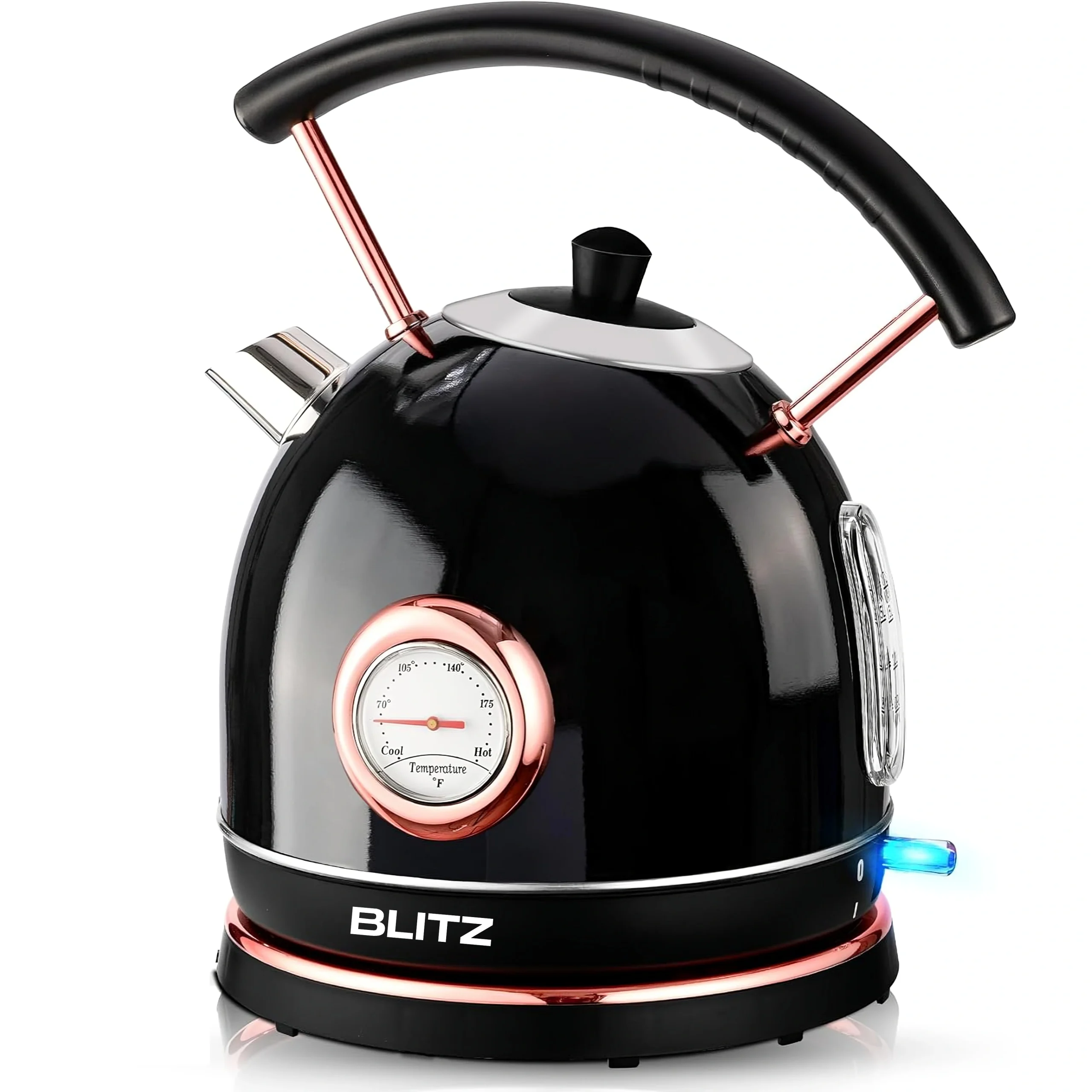 Blitz - Retro Electric Kettle Stainless Steel 1.8L Tea Kettle, Hot Water Boiler with Temperature Gauge, Led Light, Fast Boiling, Auto Shut-Off&Boil-Dry Protection (Black) - Tunisie