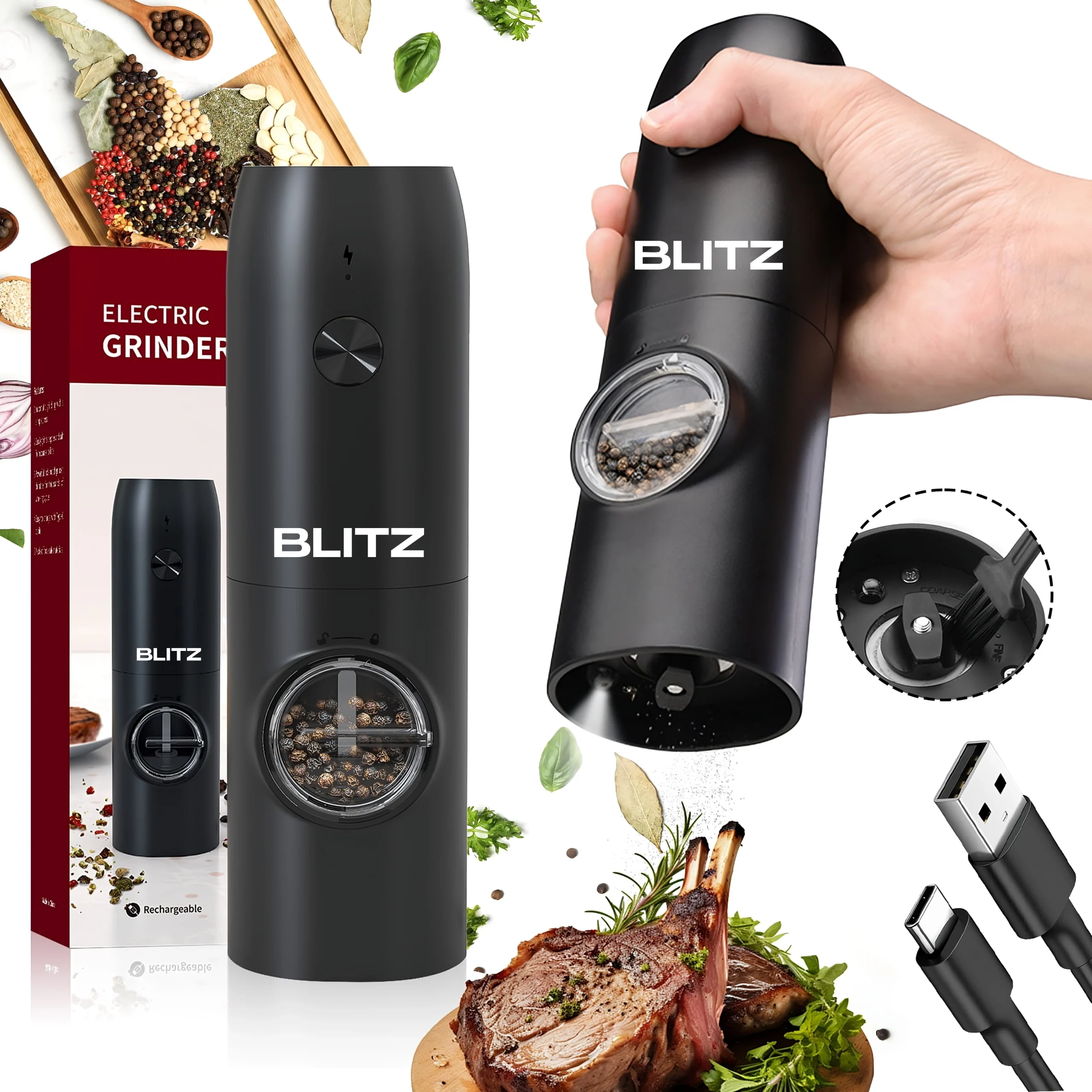 Blitz - Electric Salt and Pepper Grinder Set, Rechargeable - No Battery Needed - Large Capacity Automatic Salt Pepper Mill Grinder with Warm LED Light, Adjustable Coarseness Pepper Grinder for Kitchen - Tunisie